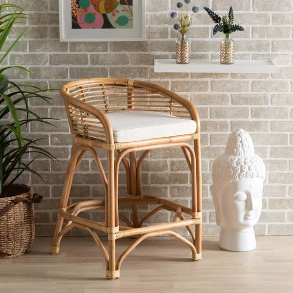 Baxton Studio Maverick Modern Bohemian White Fabric Upholstered and Natural Brown Rattan Counter Stool 203-12591